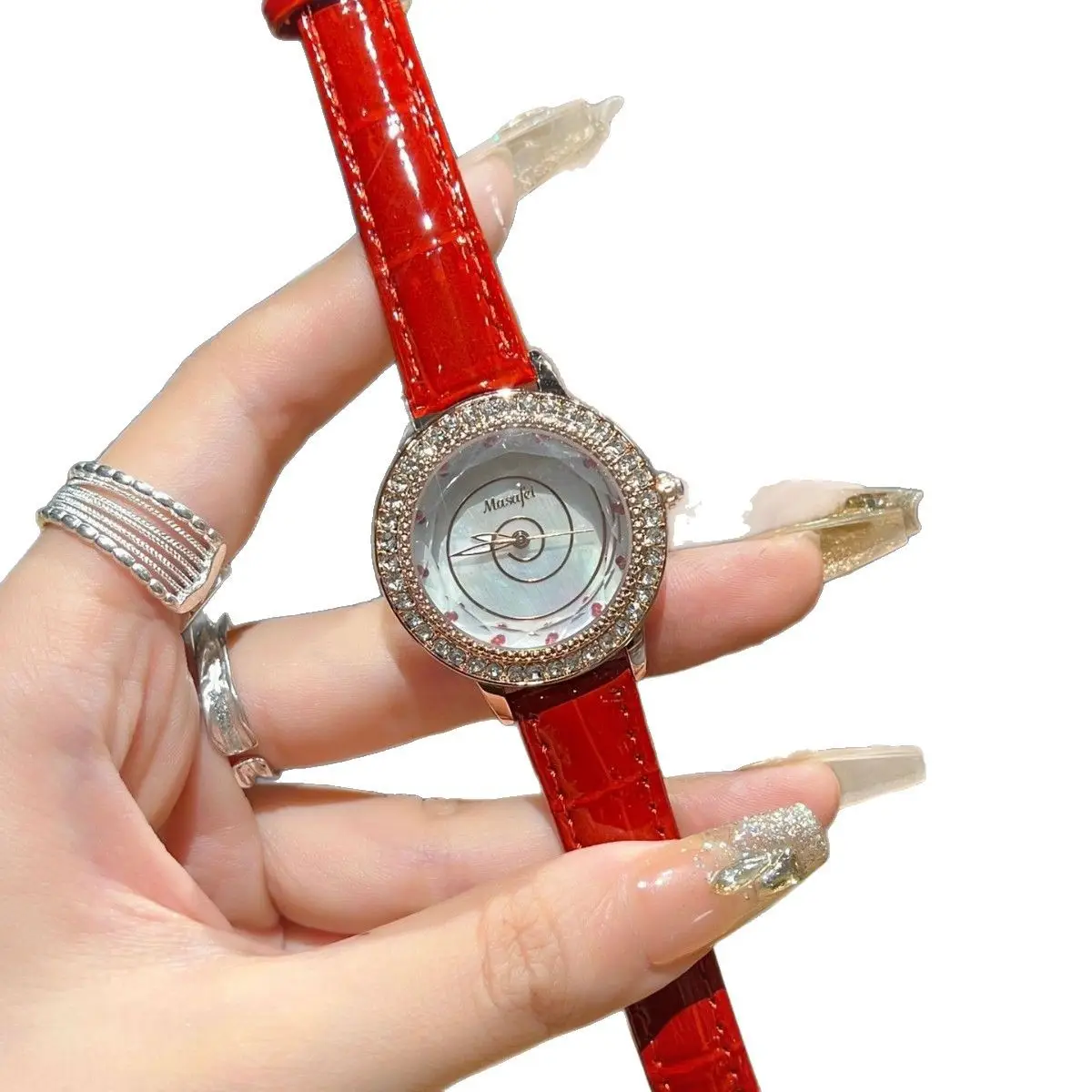 Women's Red Crystal Watch with Pearl Strap