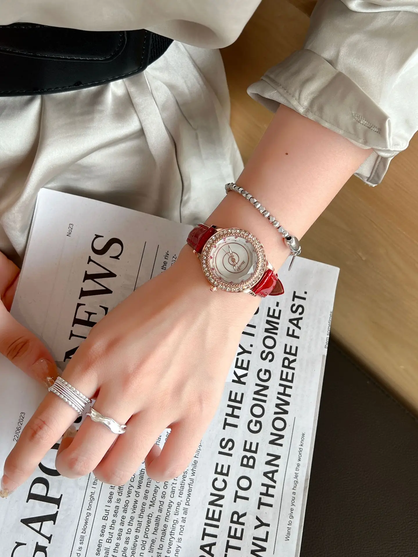Women's Red Crystal Watch with Pearl Strap — feature 1