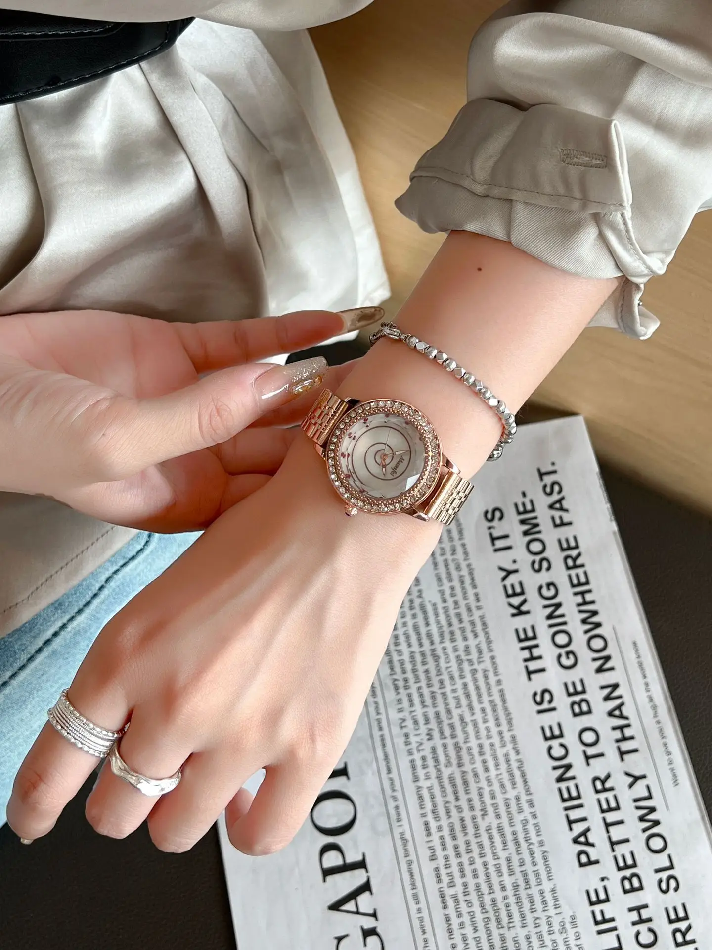 Women's Red Crystal Watch with Pearl Strap — feature 2