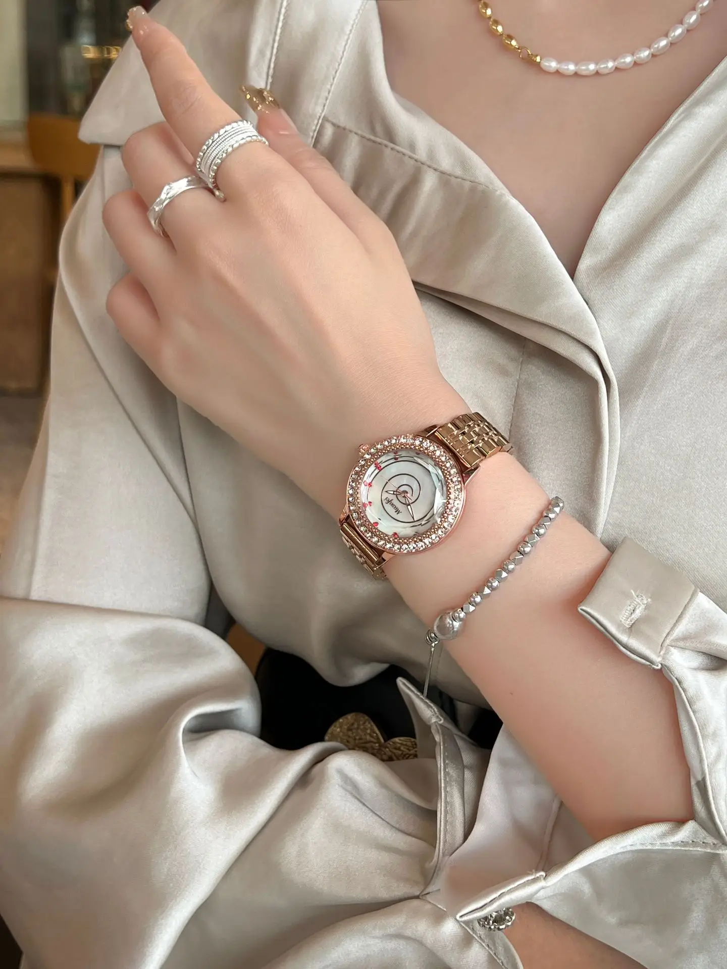 Women's Red Crystal Watch with Pearl Strap — feature 3