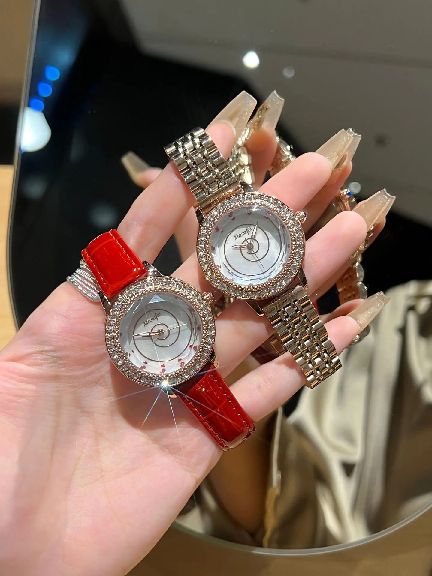 Women's Red Crystal Watch with Pearl Strap — feature 4