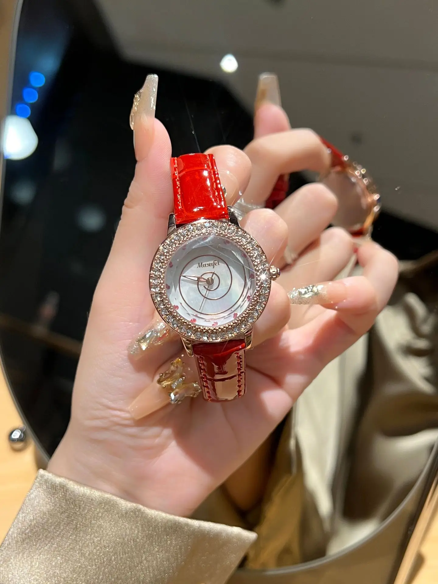 Women's Red Crystal Watch with Pearl Strap — feature 5