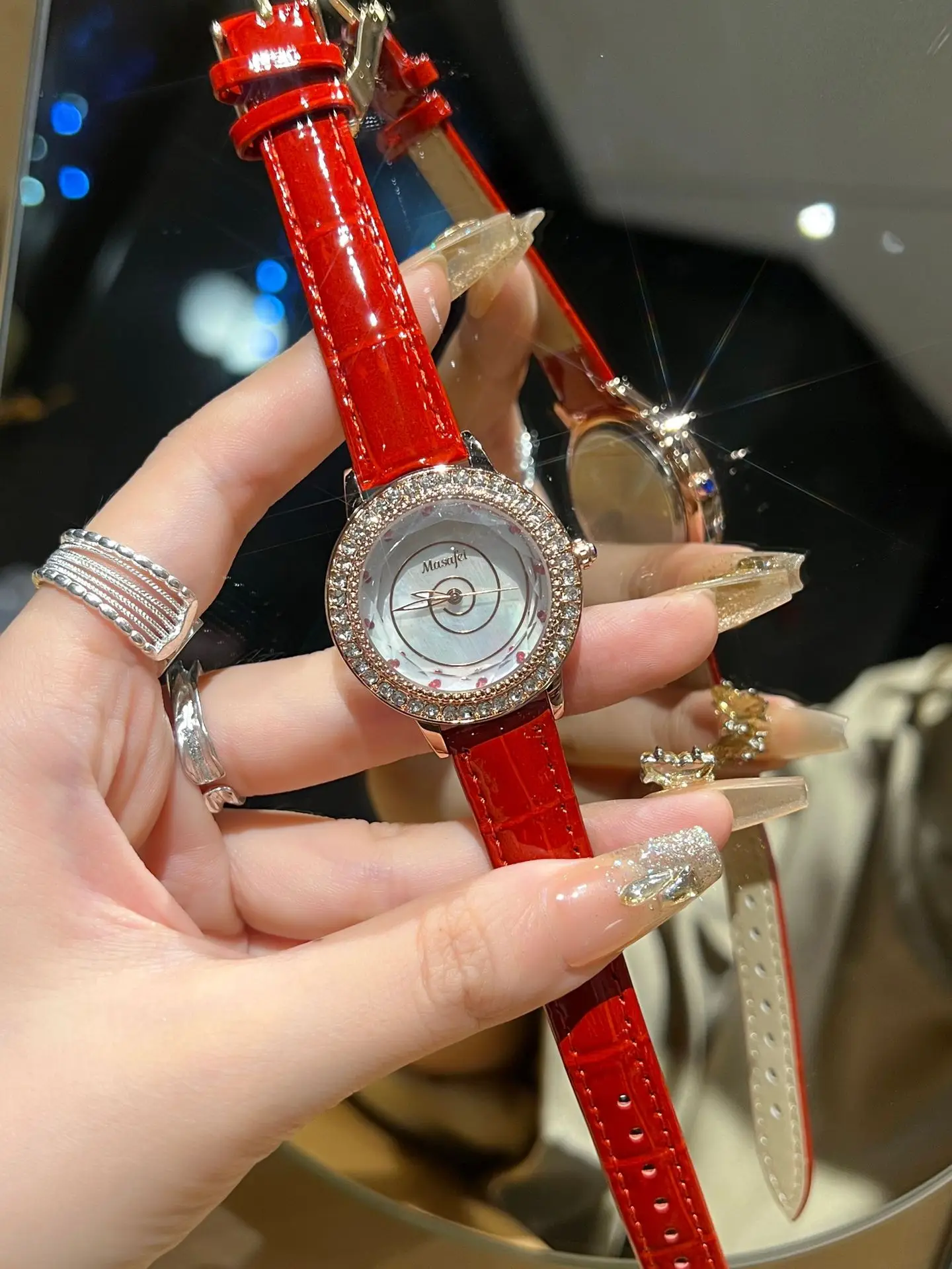 Women's Red Crystal Watch with Pearl Strap — feature 7