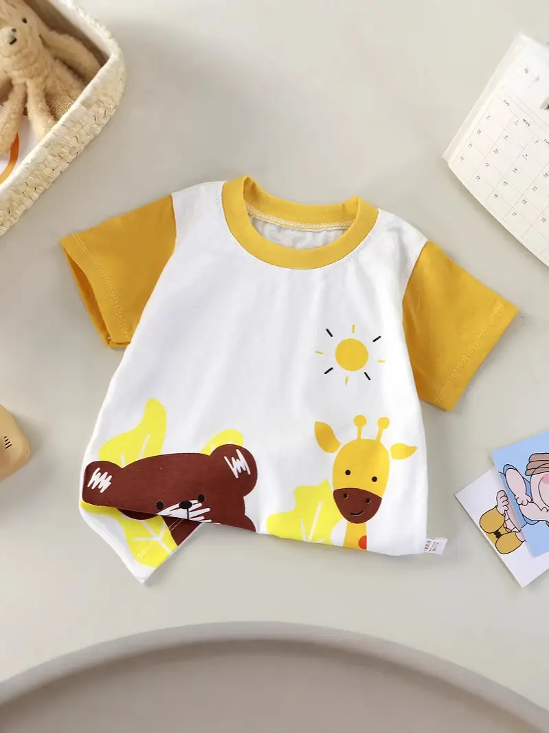 Baby T-Shirt White Yellow Cartoon Short Sleeve Cotton