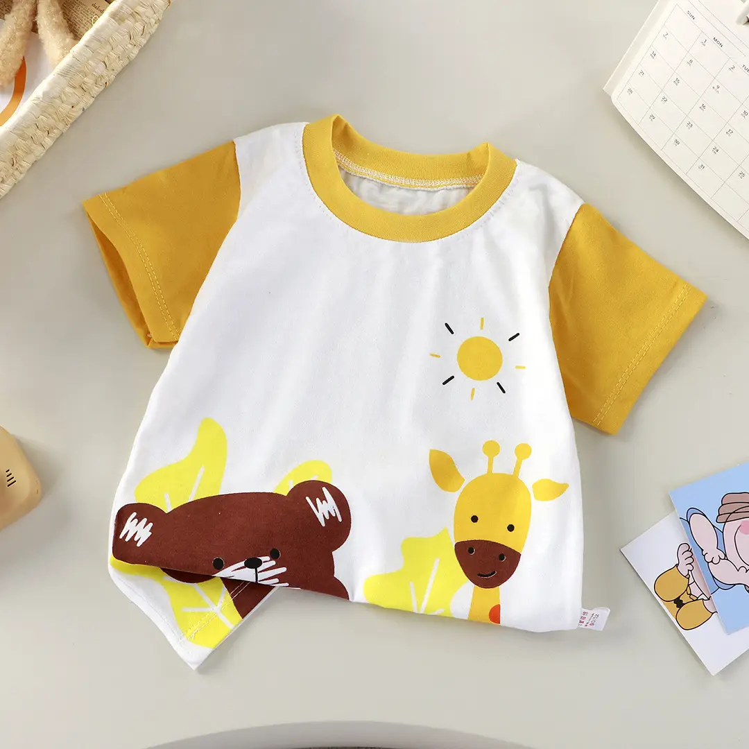 Baby T-Shirt White Yellow Cartoon Short Sleeve Cotton