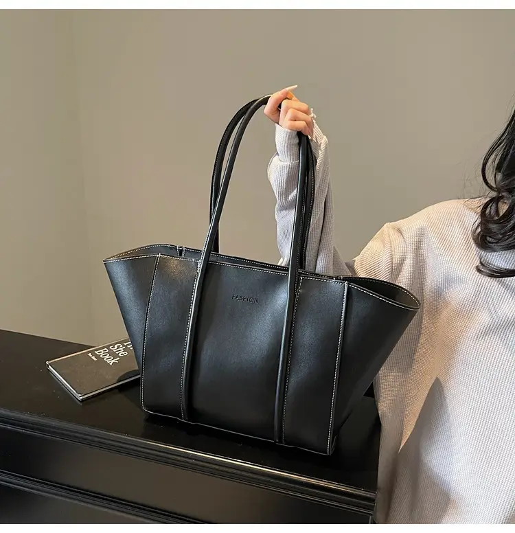 Women's Foldable Tote Bag Black Leather Large Capacity — feature 26