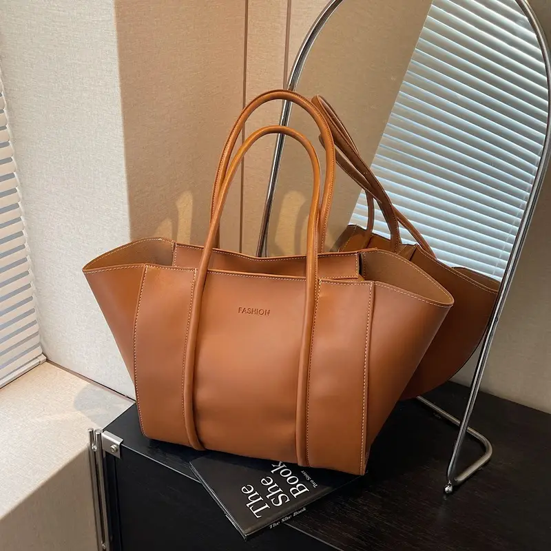 Women's Foldable Tote Bag Black Leather Large Capacity - Image 3