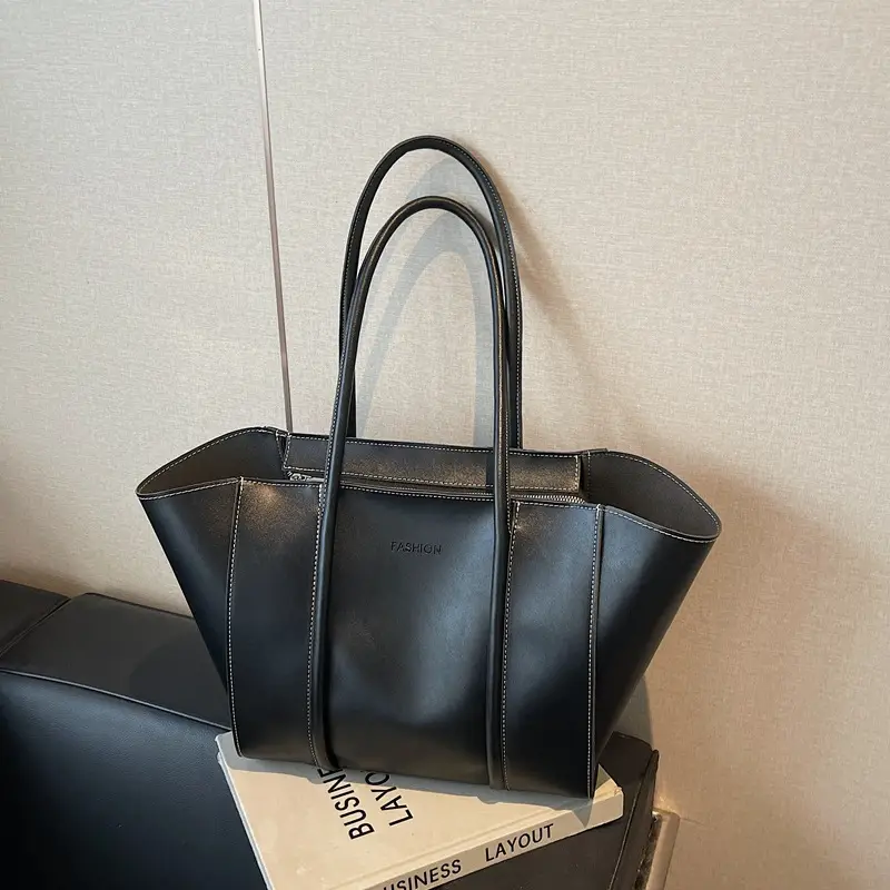 Women's Foldable Tote Bag Black Leather Large Capacity - Image 5