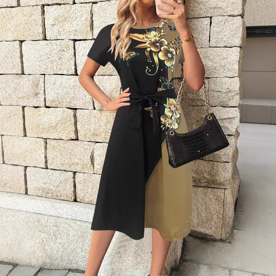 Women's Black Printed Belted Dress 2025 - Image 3