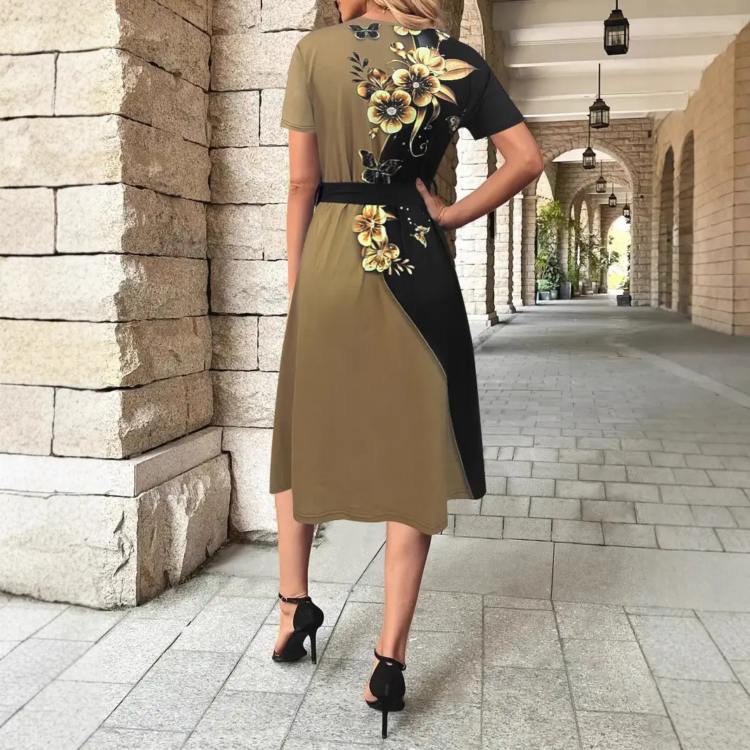 Women's Black Printed Belted Dress 2025 - Image 4