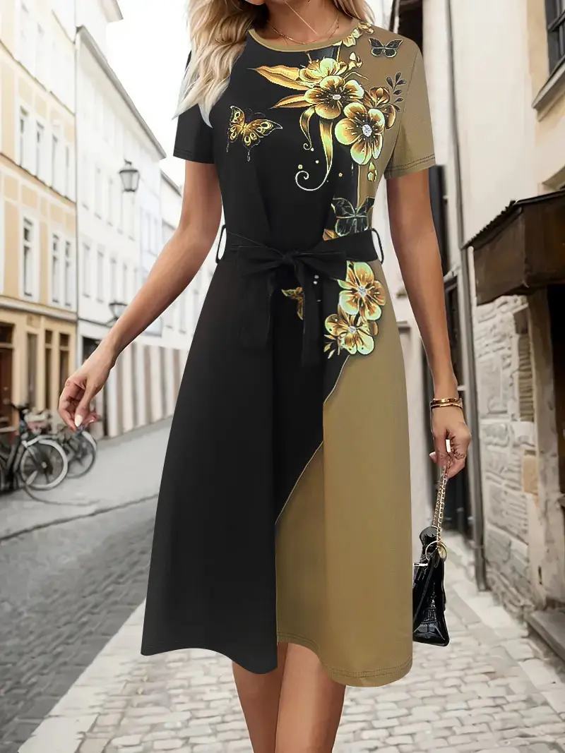 Women's Black Printed Belted Dress 2025 — feature 4