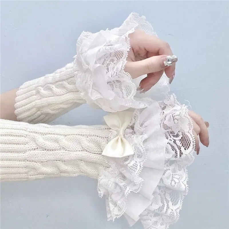 Millennium Y2K Spice Girl Lace Lace Bow Cute Girl Knitted Twist Hand Sleeve Fake Sleeve Gloves for Women