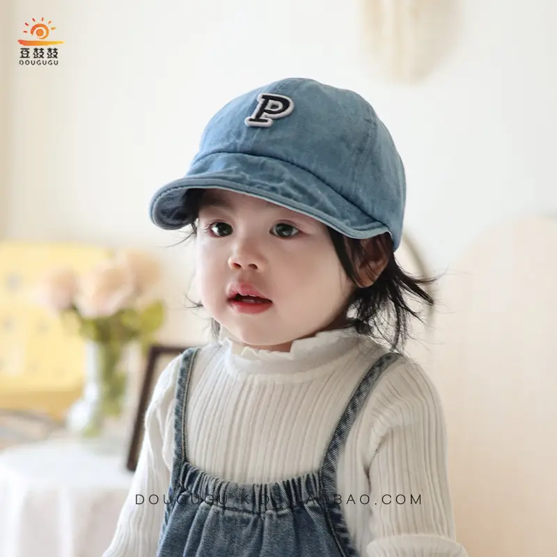 Kids Blue Denim Baseball Cap with Korean Letters P - Image 4
