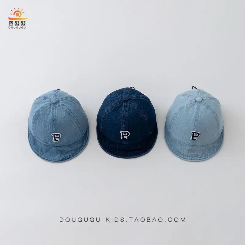 Kids Blue Denim Baseball Cap with Korean Letters P — feature 1