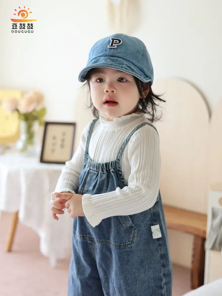 Kids Blue Denim Baseball Cap with Korean Letters P — feature 11