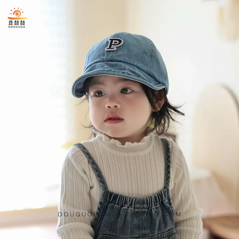 Kids Blue Denim Baseball Cap with Korean Letters P — feature 12