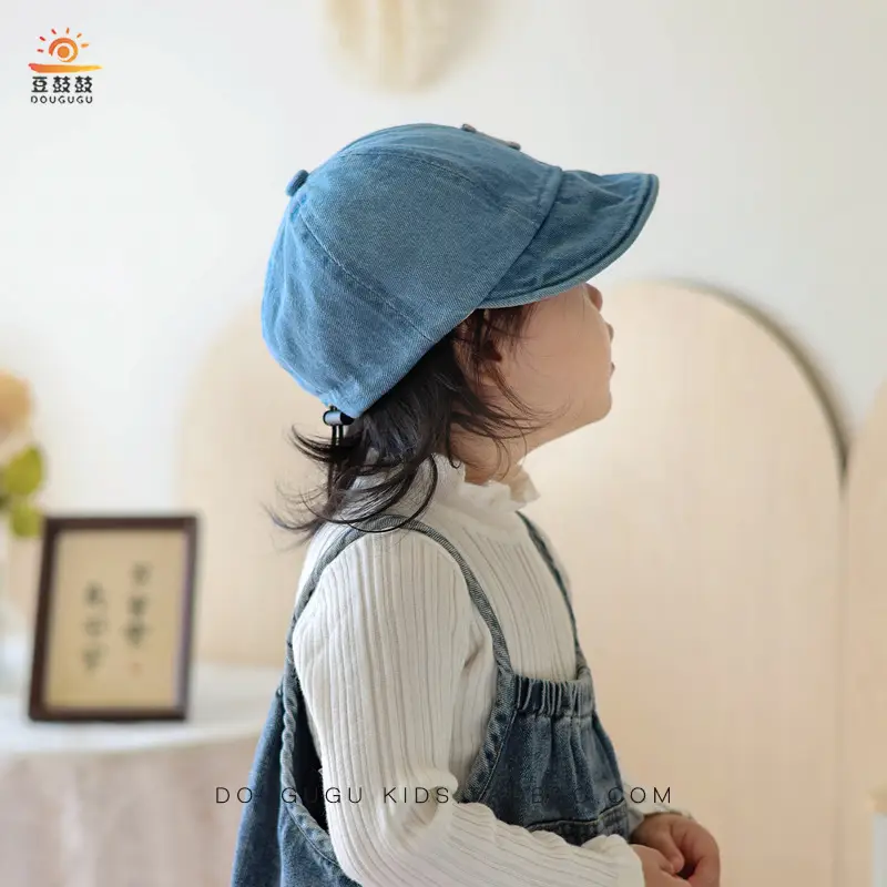 Kids Blue Denim Baseball Cap with Korean Letters P — feature 13
