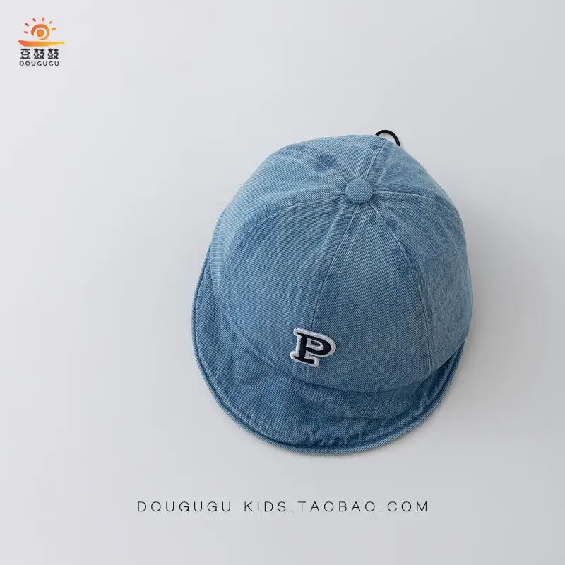 Kids Blue Denim Baseball Cap with Korean Letters P — feature 14