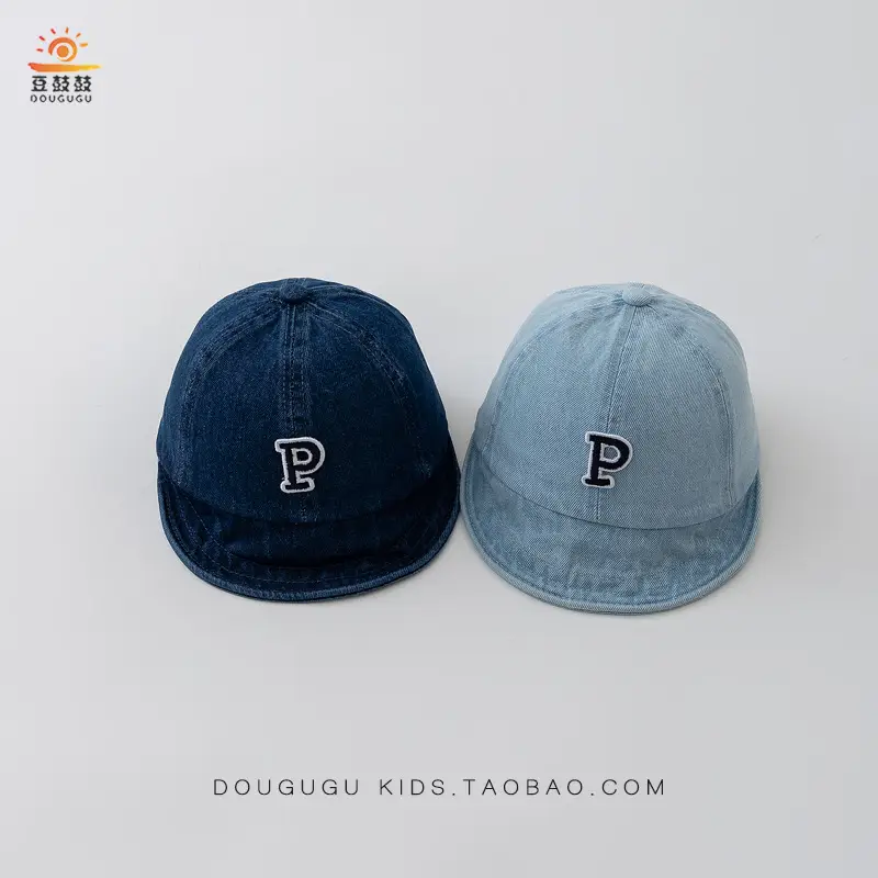 Kids Blue Denim Baseball Cap with Korean Letters P — feature 2
