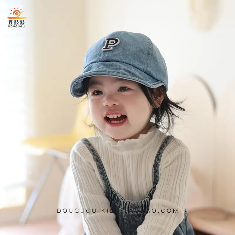 Kids Blue Denim Baseball Cap with Korean Letters P — feature 5