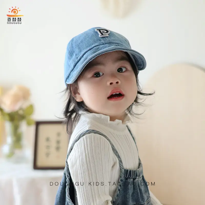 Kids Blue Denim Baseball Cap with Korean Letters P — feature 8
