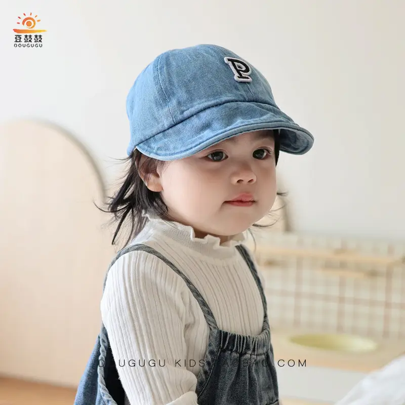 Kids Blue Denim Baseball Cap with Korean Letters P — feature 9