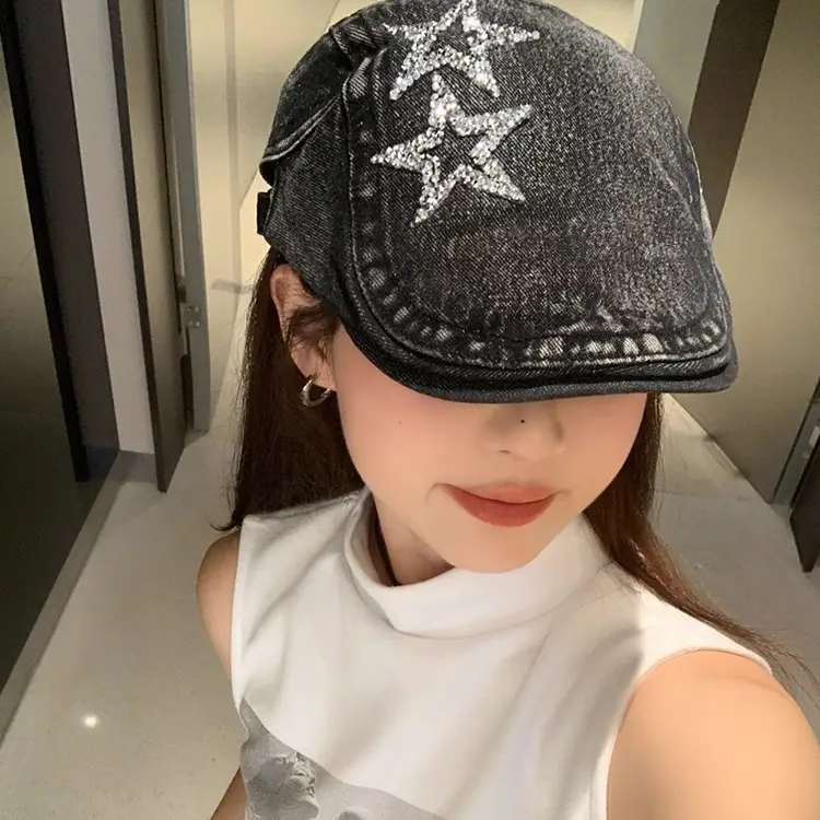 Women's Blue Denim Star Embroidered Beret - Image 5