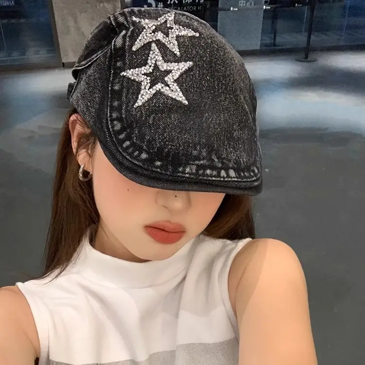 Women's Blue Denim Star Embroidered Beret - Image 6