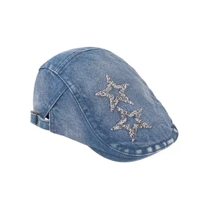Women's Blue Denim Star Embroidered Beret - Image 7