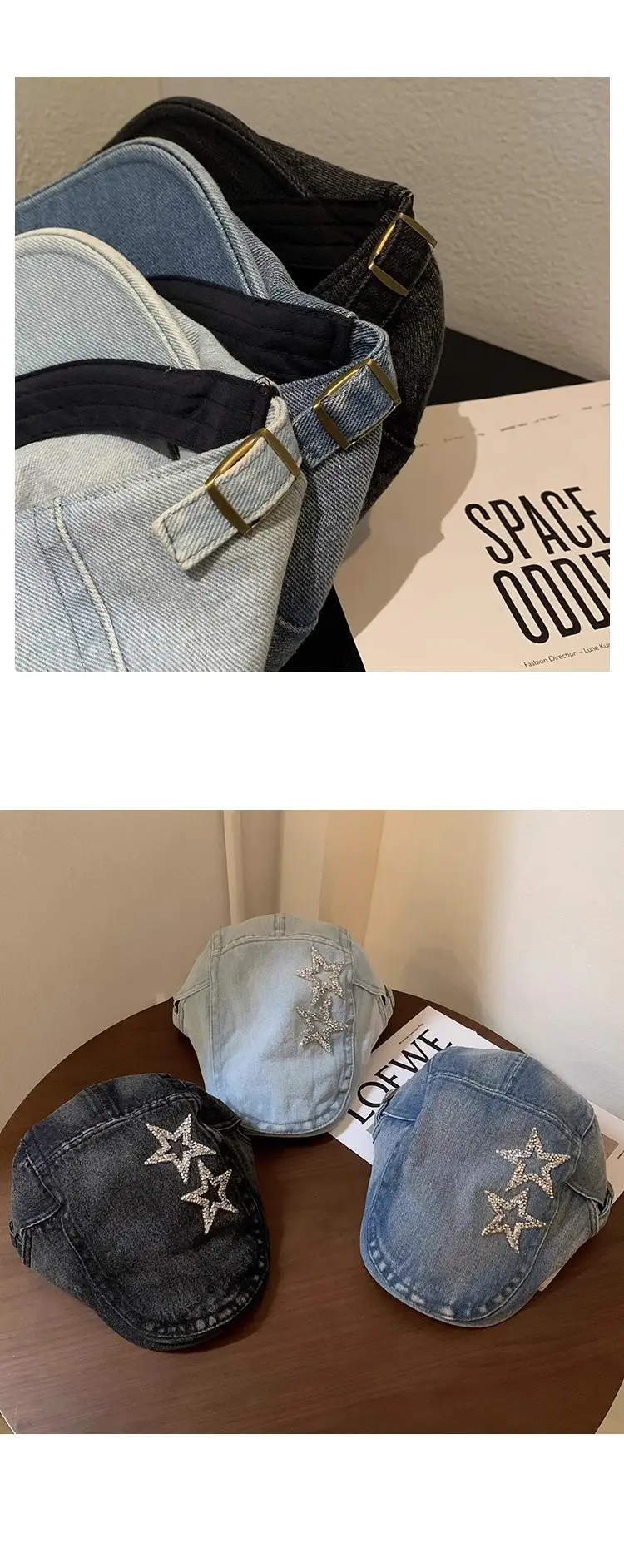 Women's Blue Denim Star Embroidered Beret — feature 11