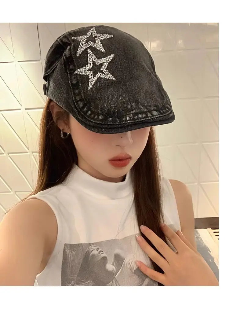 Women's Blue Denim Star Embroidered Beret — feature 7