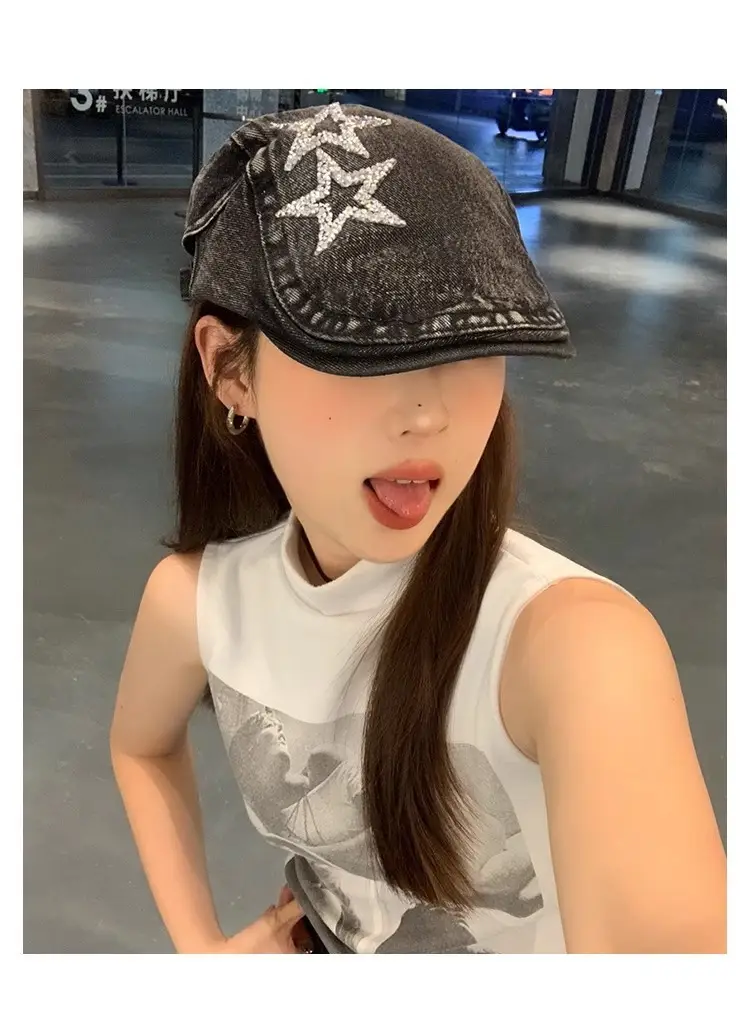 Women's Blue Denim Star Embroidered Beret — feature 8