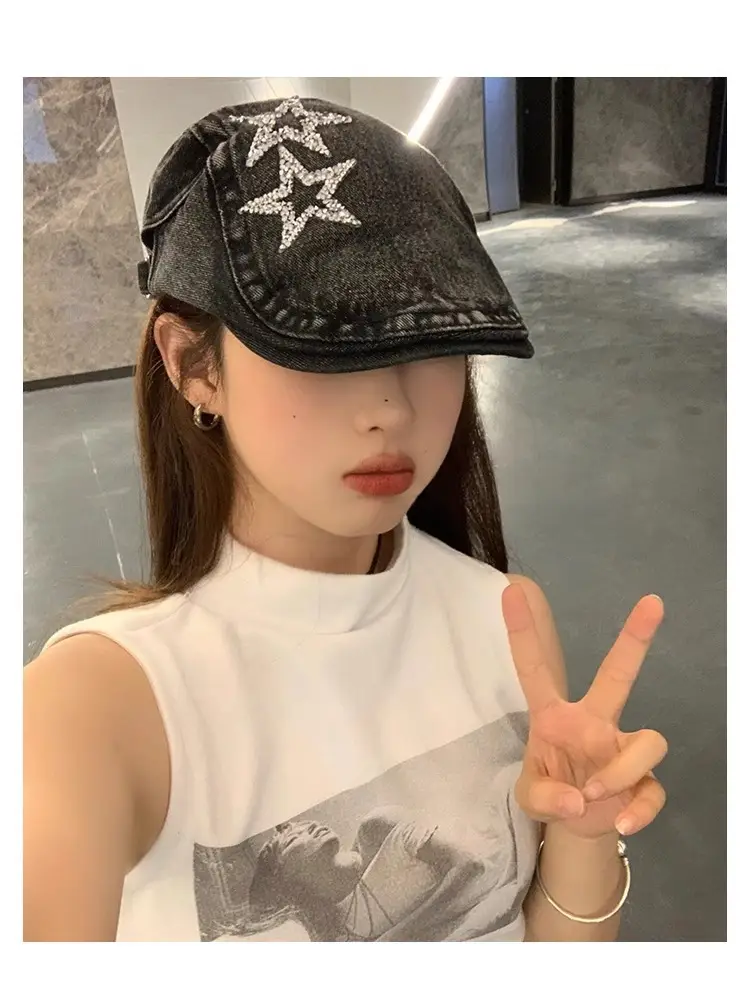 Women's Blue Denim Star Embroidered Beret — feature 9