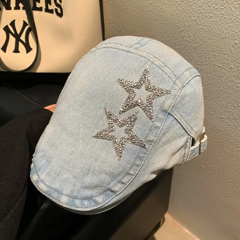 Women's Blue Denim Star Embroidered Beret - Image 2