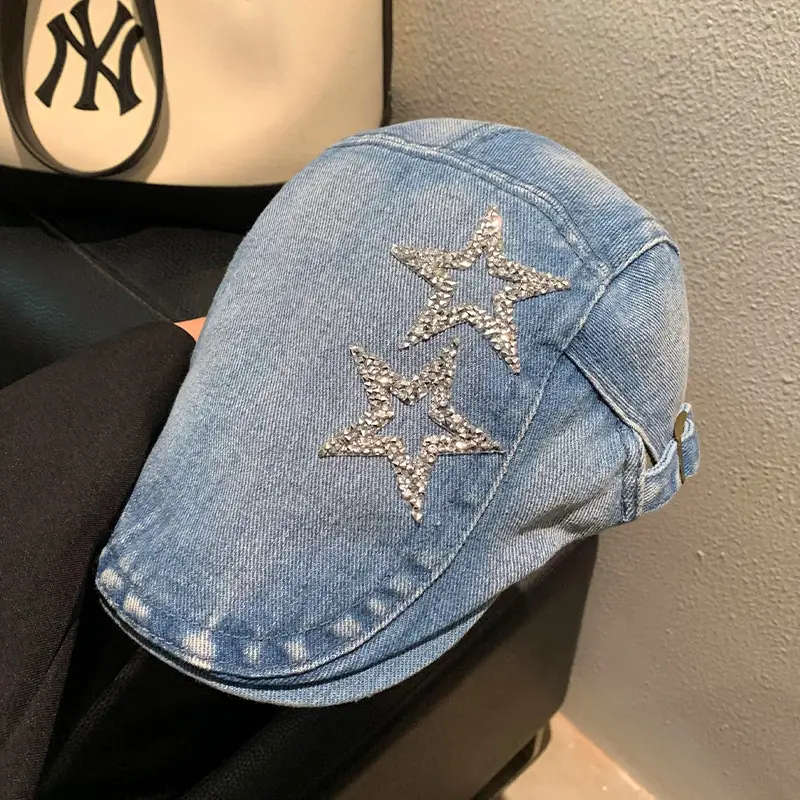 Women's Blue Denim Star Embroidered Beret - Image 3