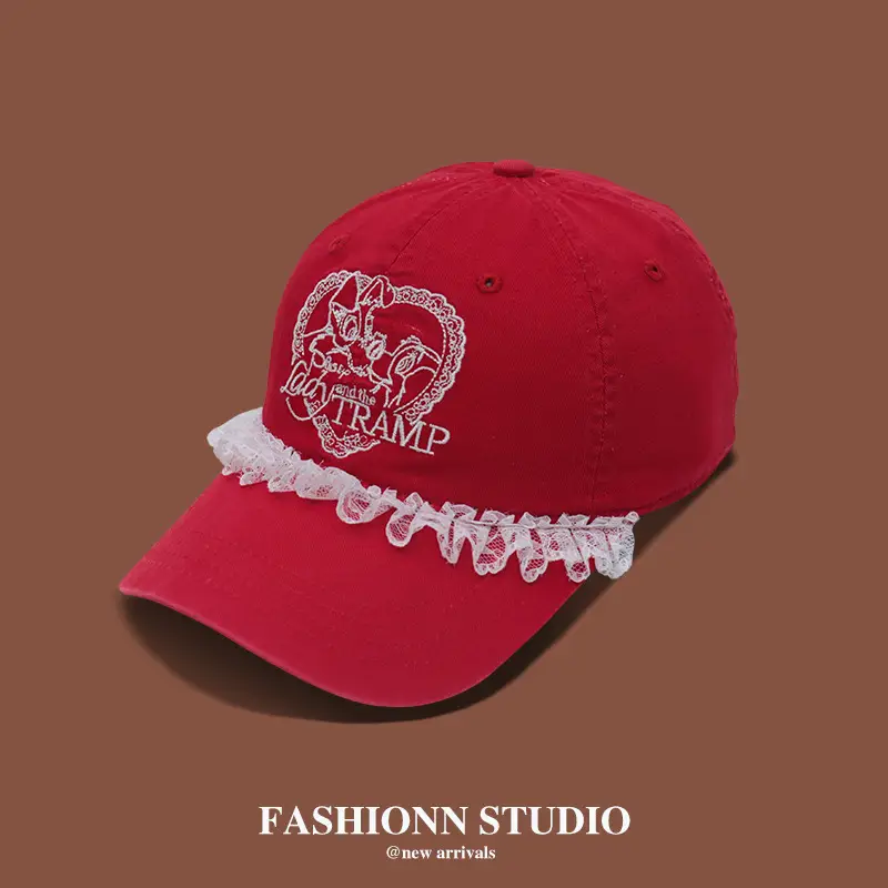 Red Korean-style Face Embroidered Cap for Women - Image 6
