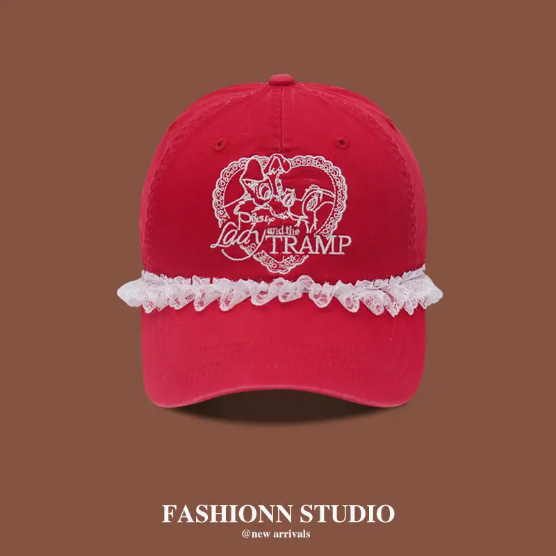 Red Korean-style Face Embroidered Cap for Women