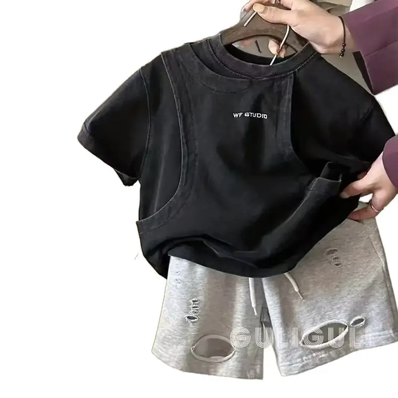 Boys Cotton Short Sleeve T-Shirt Black Loose Summer - Image 5