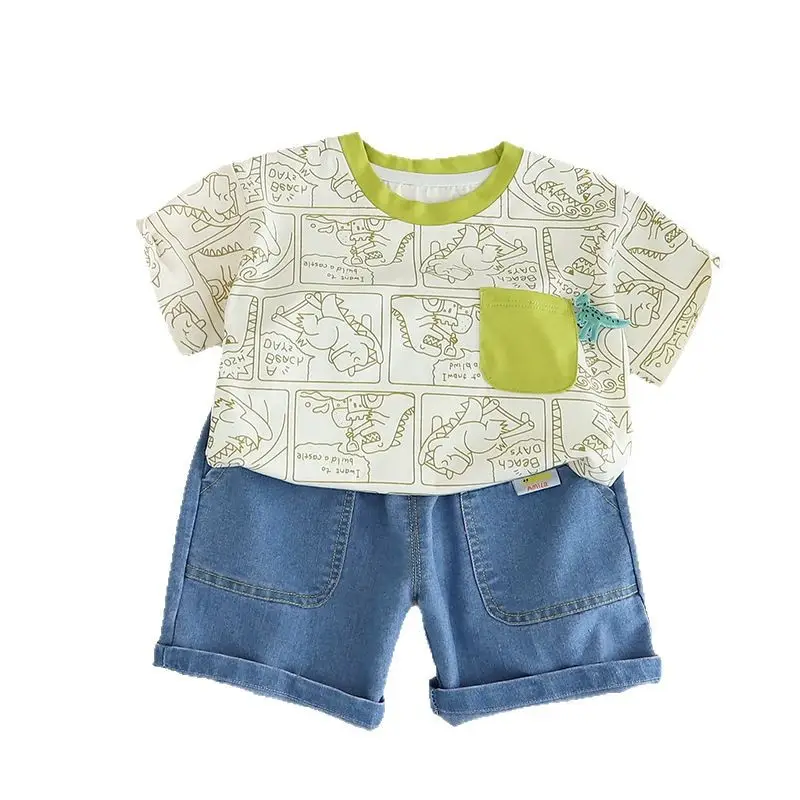 Boys Cartoon Dinosaur T-Shirt Summer Casual Blue Shorts - Image 5