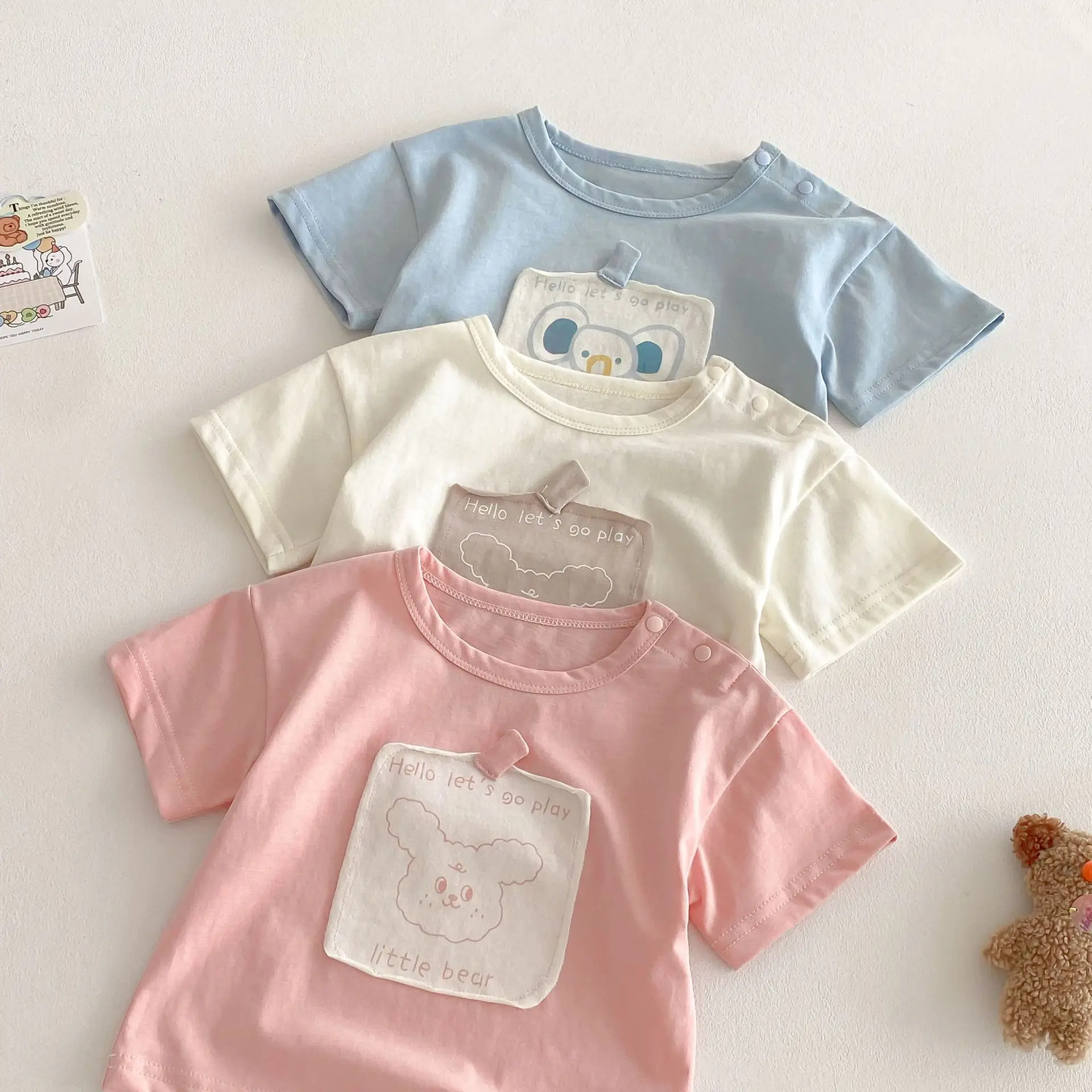 Girls Cartoon T-Shirts Set Pink Blue Cream Korean Style - Image 8
