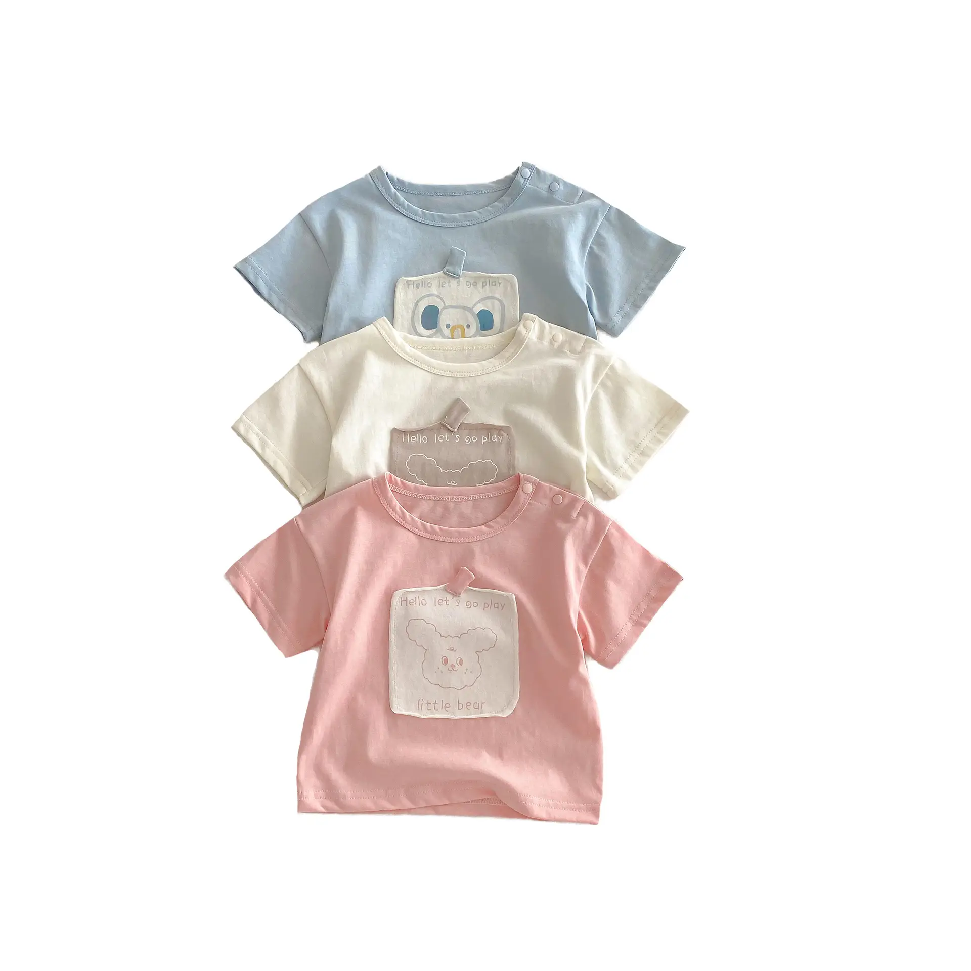 Girls Cartoon T-Shirts Set Pink Blue Cream Korean Style - Image 9
