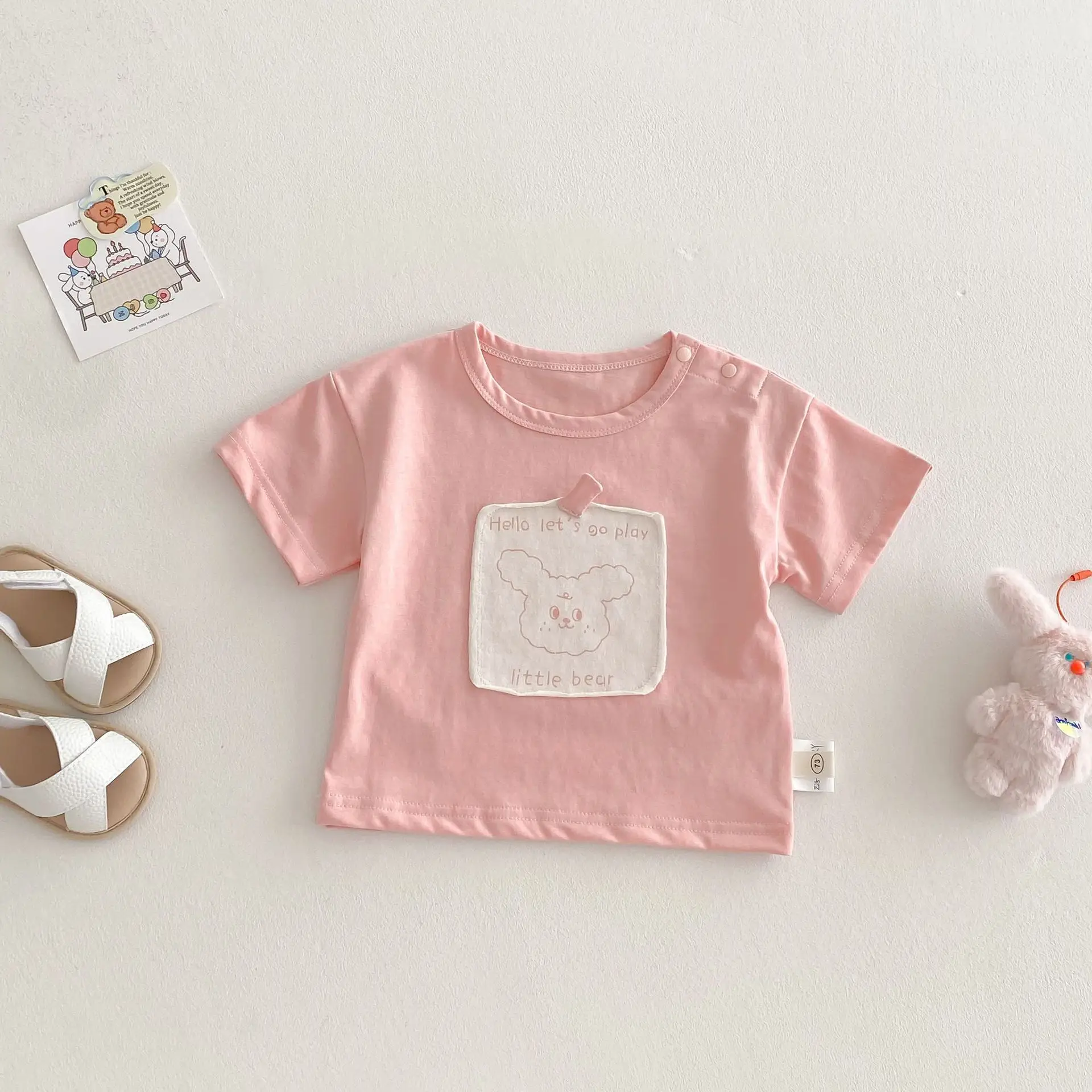 Girls Cartoon T-Shirts Set Pink Blue Cream Korean Style - Image 2