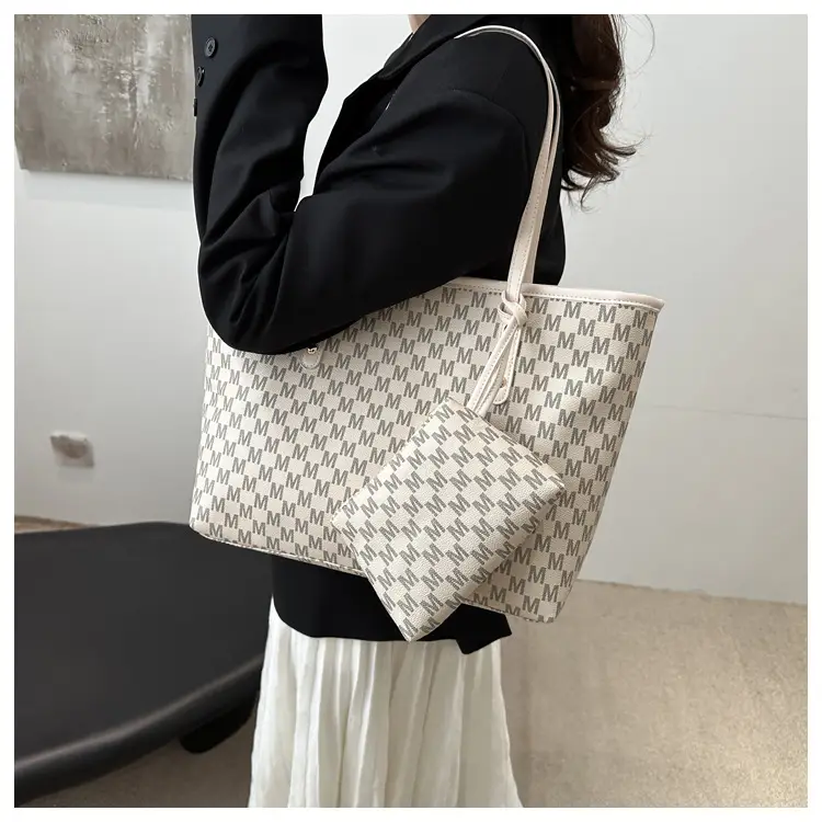 Pink Checkered Women's 2-Tone Tote Bag with Compact Pouch — feature 10