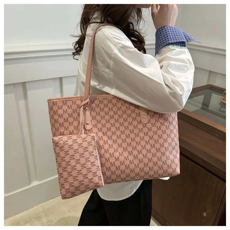 Pink Checkered Women's 2-Tone Tote Bag with Compact Pouch — feature 14