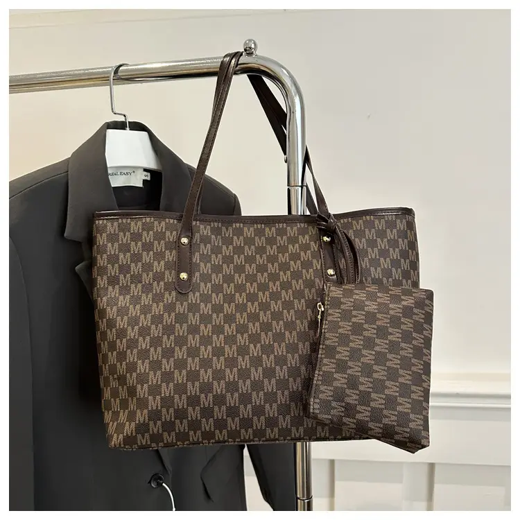 Pink Checkered Women's 2-Tone Tote Bag with Compact Pouch — feature 21