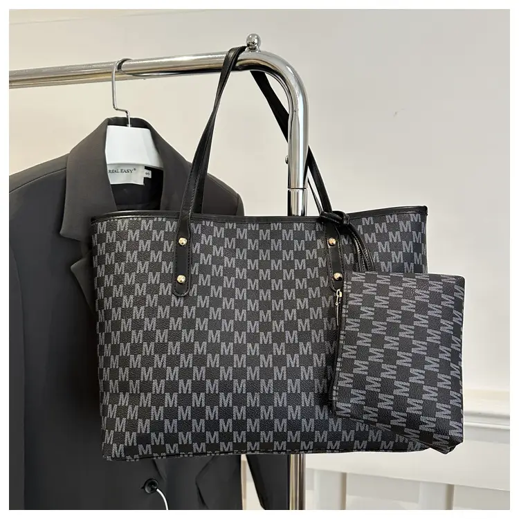 Pink Checkered Women's 2-Tone Tote Bag with Compact Pouch — feature 22