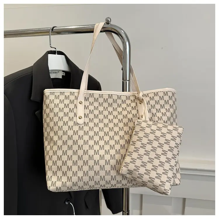 Pink Checkered Women's 2-Tone Tote Bag with Compact Pouch — feature 23