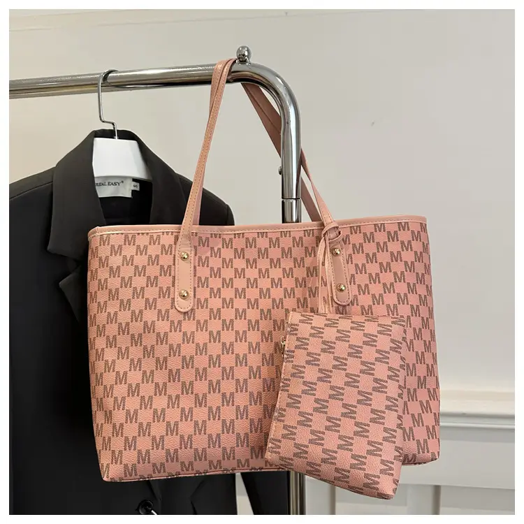Pink Checkered Women's 2-Tone Tote Bag with Compact Pouch — feature 24