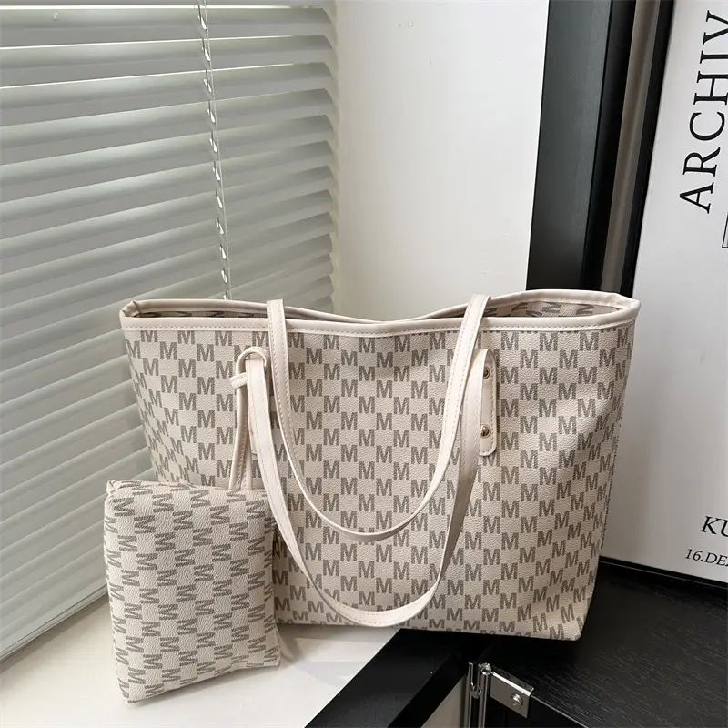 Pink Checkered Women's 2-Tone Tote Bag with Compact Pouch - Image 3
