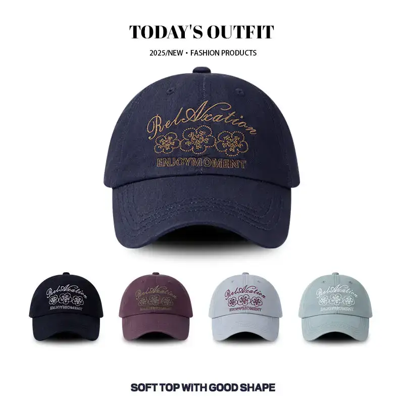 2025 New Retro Embroidered Flower Letter Baseball Hat Women's Spring and Summer Casual Easiest for Match Face Showing Small Duck Tongue Hat Men